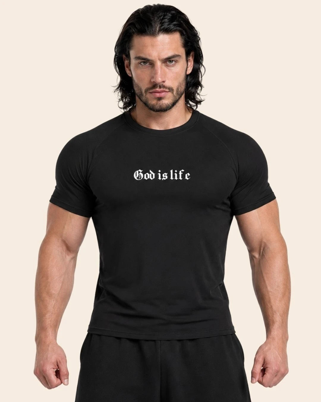 Camiseta Muscle Fit "God is Life" Negra