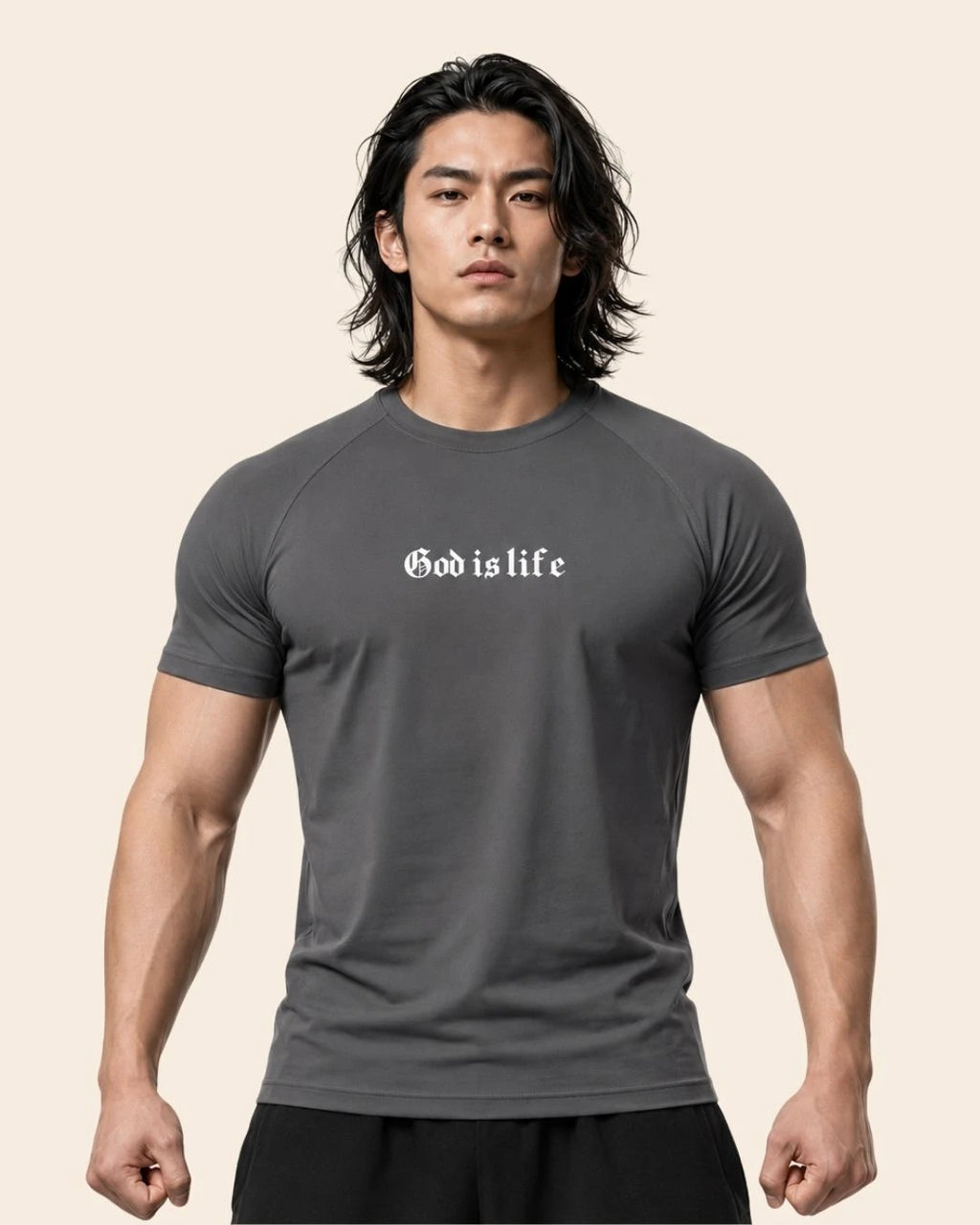 Camiseta Muscle Fit "God is Life" Gris