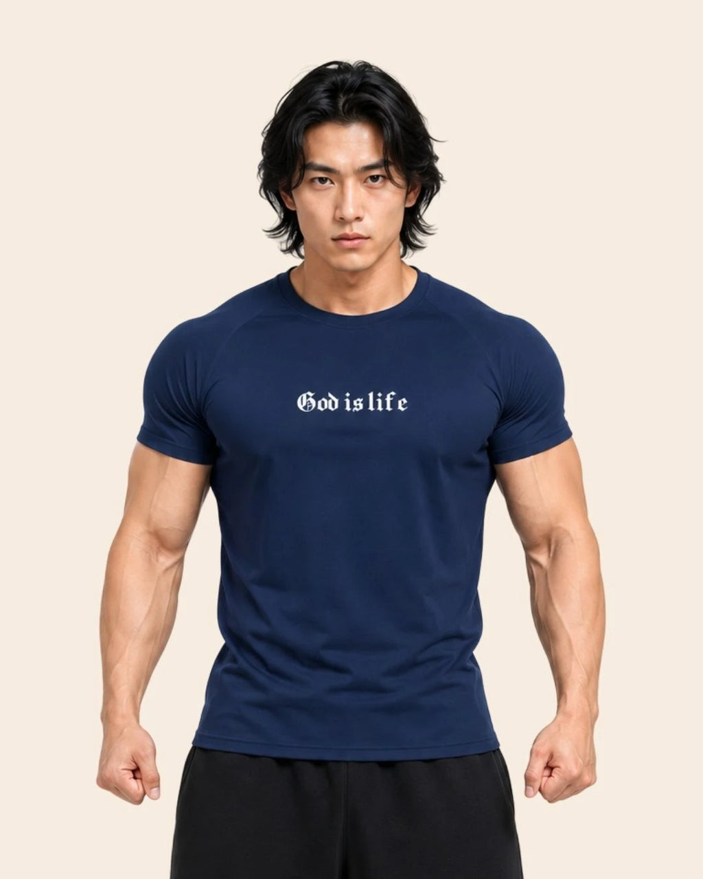 Camiseta Muscle Fit "God is Life" Azul Oscuro