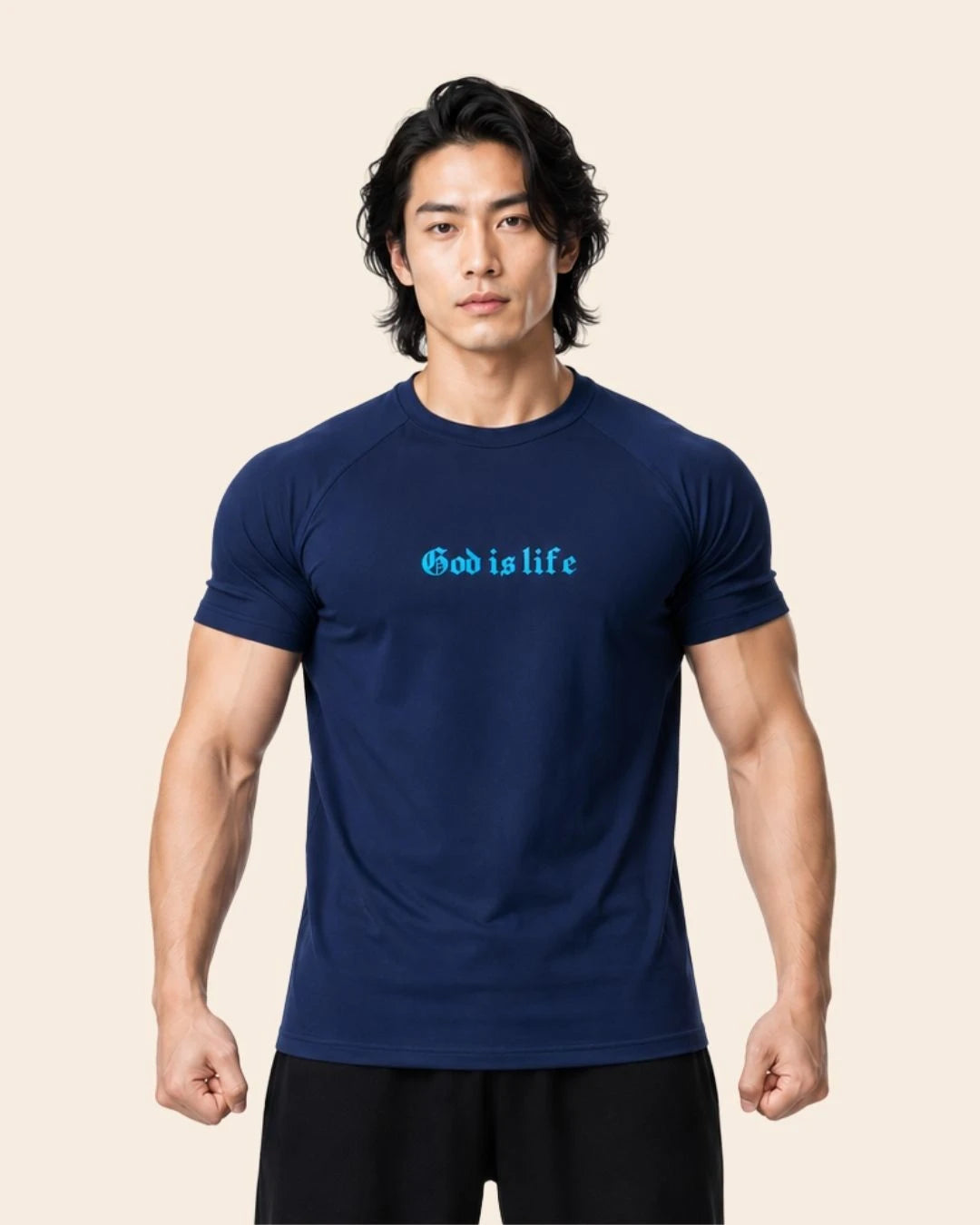 Camiseta Muscle Fit "God is Life" Azul Oscuro