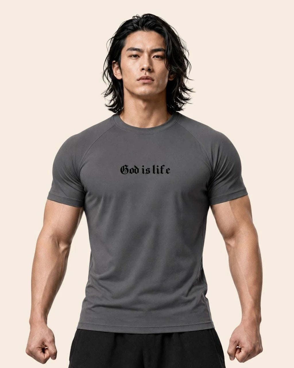 Camiseta Muscle Fit "God is Life" Gris