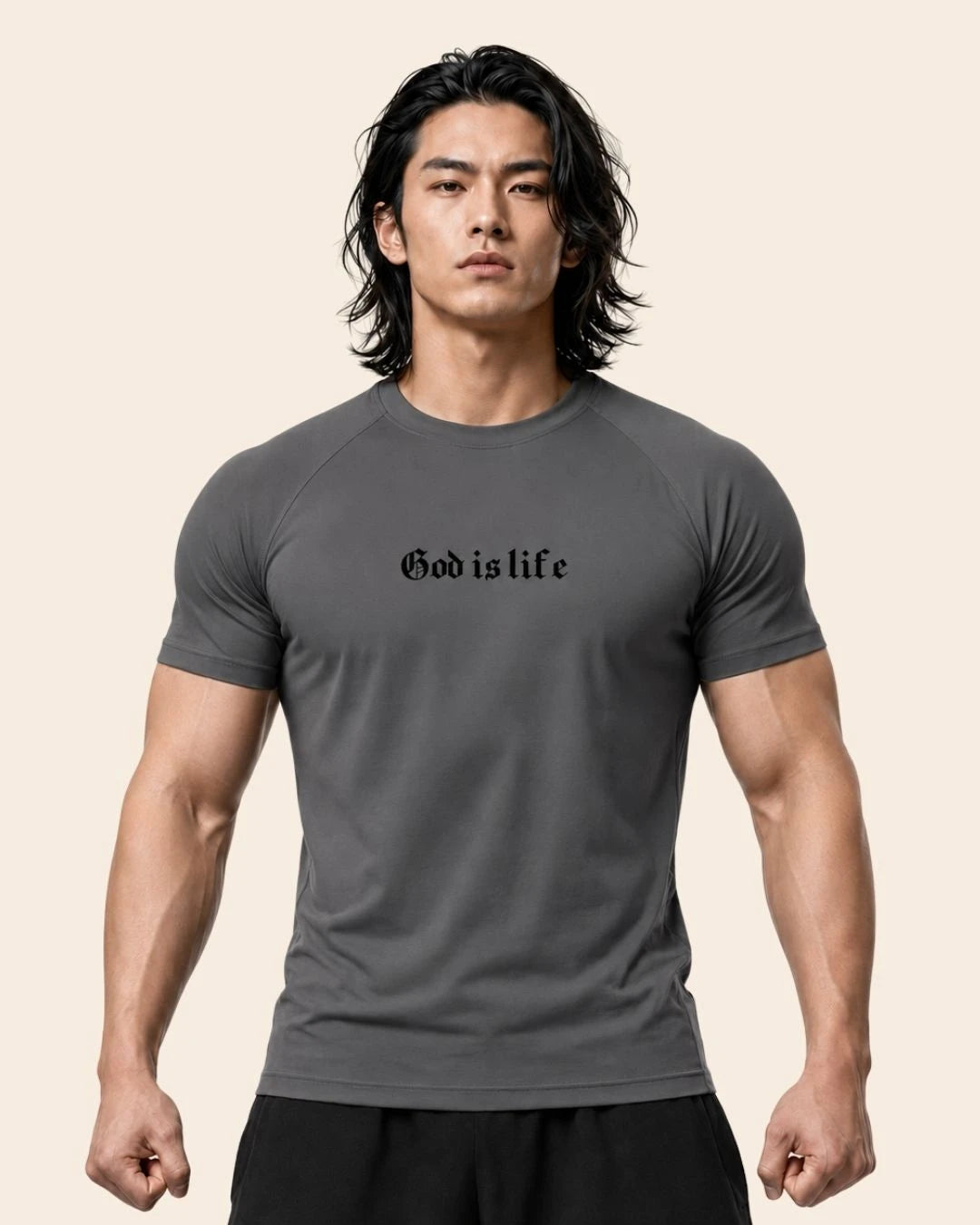 Camiseta Muscle Fit "God is Life" Gris